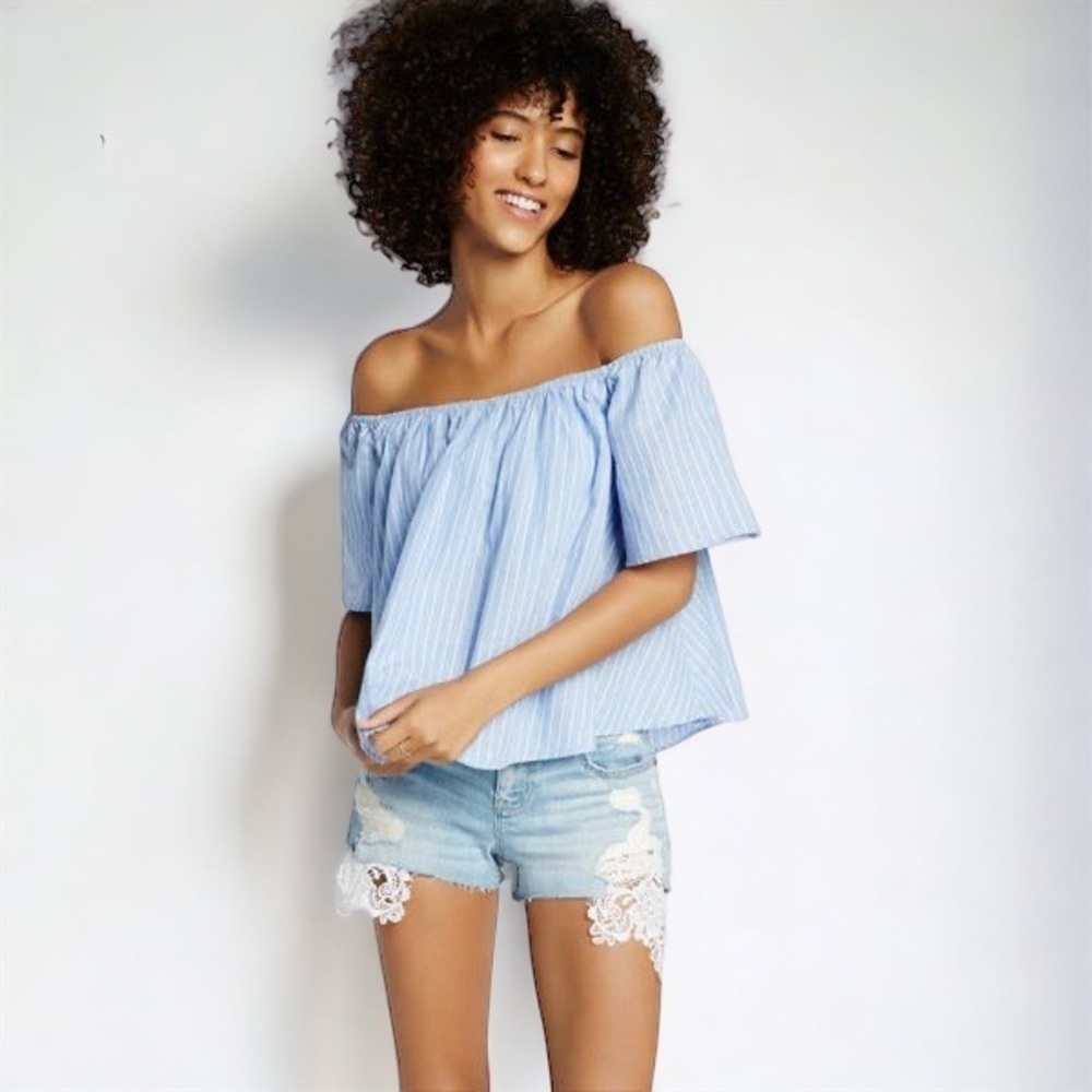 • Express • Pinstripe Off the Shoulder Top - Picture 3 of 9